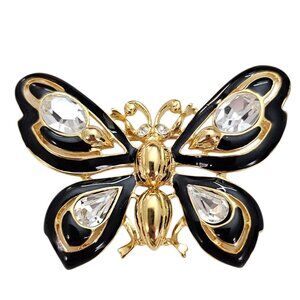 Trifari TM Butterfly Brooch Vintage Clear Crystal Rhinestone Black Enamel Pin